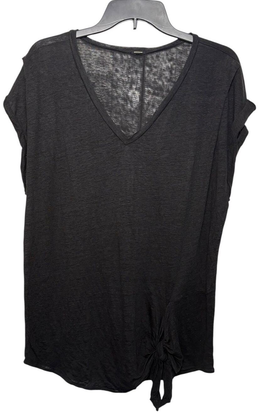 Monrow Black 100% Linen V-Neck Tunic T-Shirt Size M Front Tie Minimalist